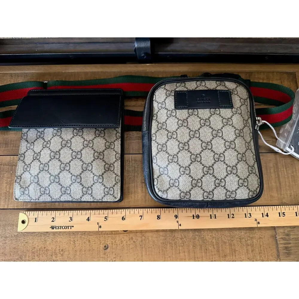 Gucci GG Supreme Double Web Belt Bag Men's Brown Canvas Italy Crossbody W/COA